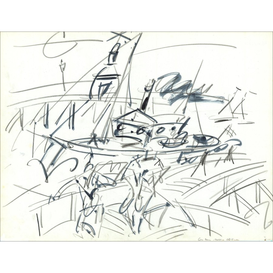 Gen Paul - Dessin original à l'encre et crayon "Péniche à quai" 49x65cm