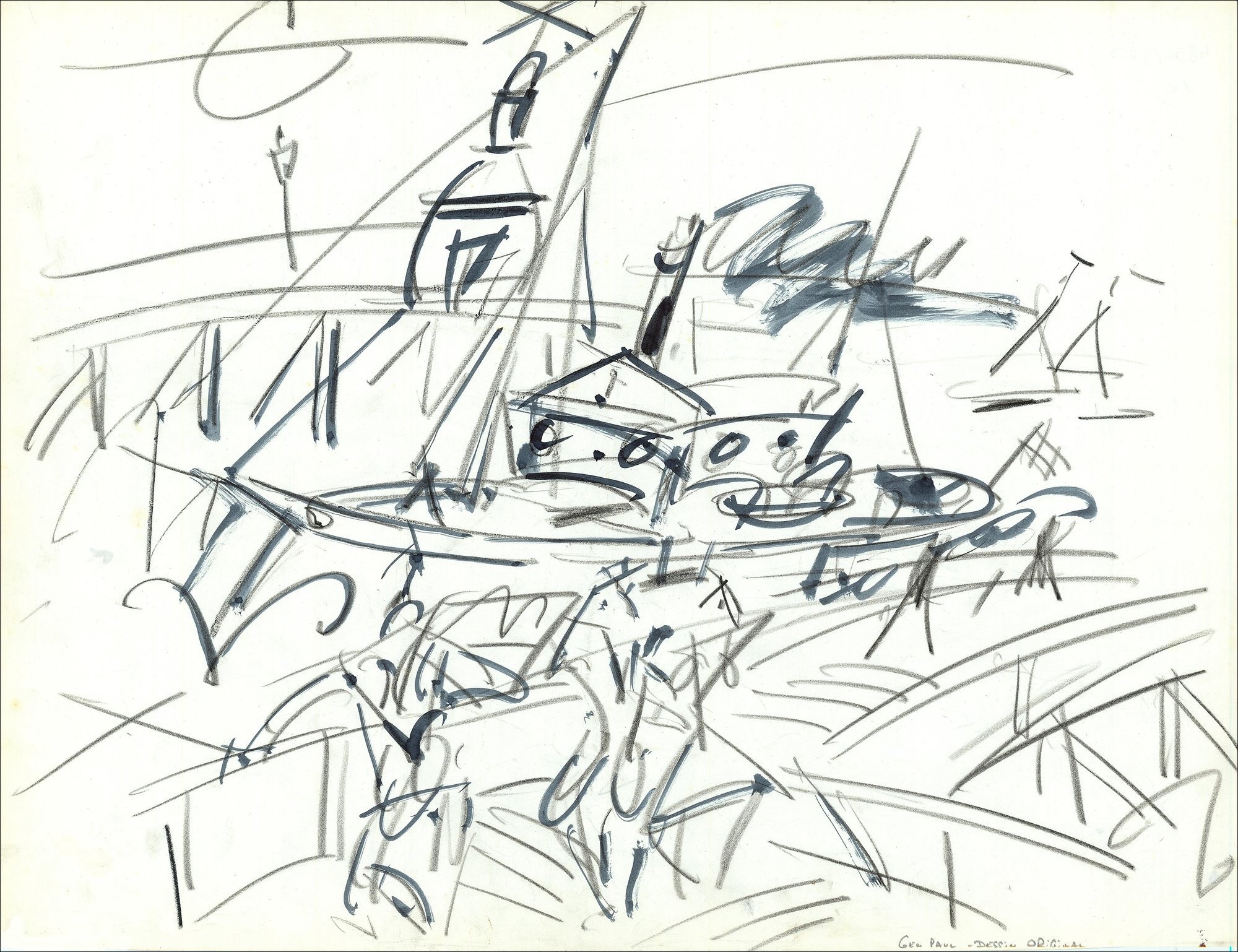 Gen Paul - Originele tekening in inkt en potlood "Pierchee in de" Dock "49x65cm