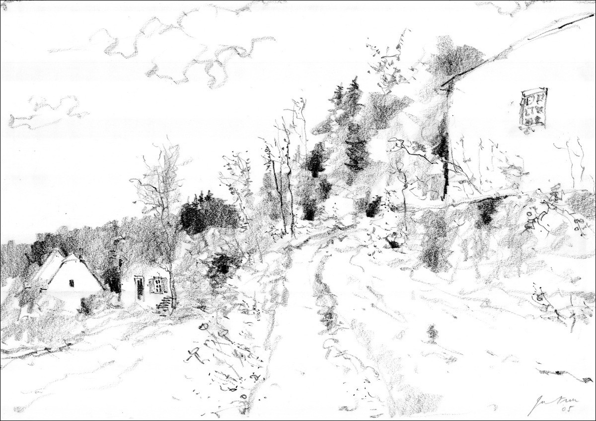 Achat Originele tekening Bernard GANTNER De weg naar het dorp 