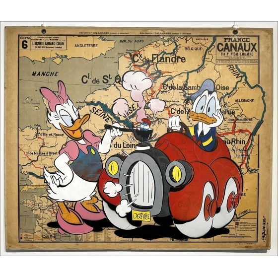 DEZACHE 2023: Donald, Daisy und Schlumpf, Acryl auf der Schulkarte
