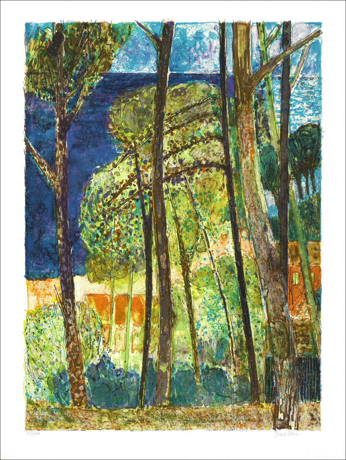 Lithographie Originale de BARDONE Guy : Envoûtante Forêt Provençale, 65x50 cm