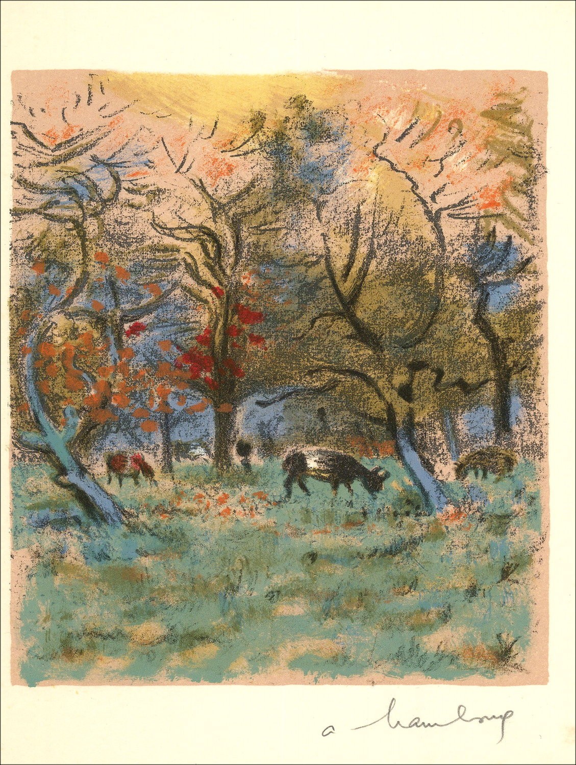 Forest grazing an Original Lithograph Signed