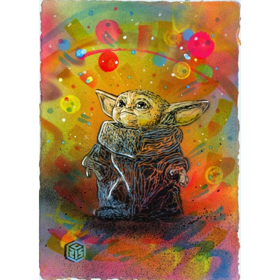 C215 - Pittura originale aerosol su carta "Yoda" 30x21cm - 2023