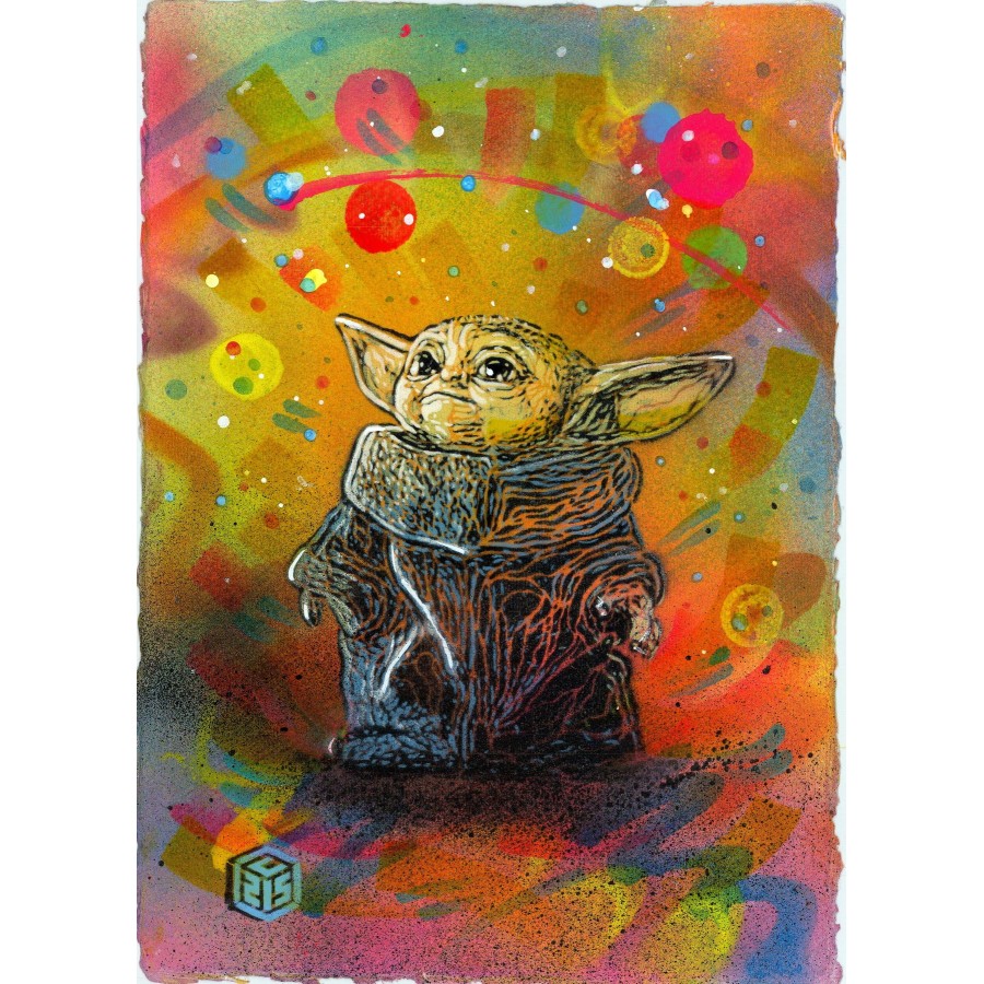 C215 - Original Aerosolgemälde auf Papier "Yoda" 30x21cm - 2023