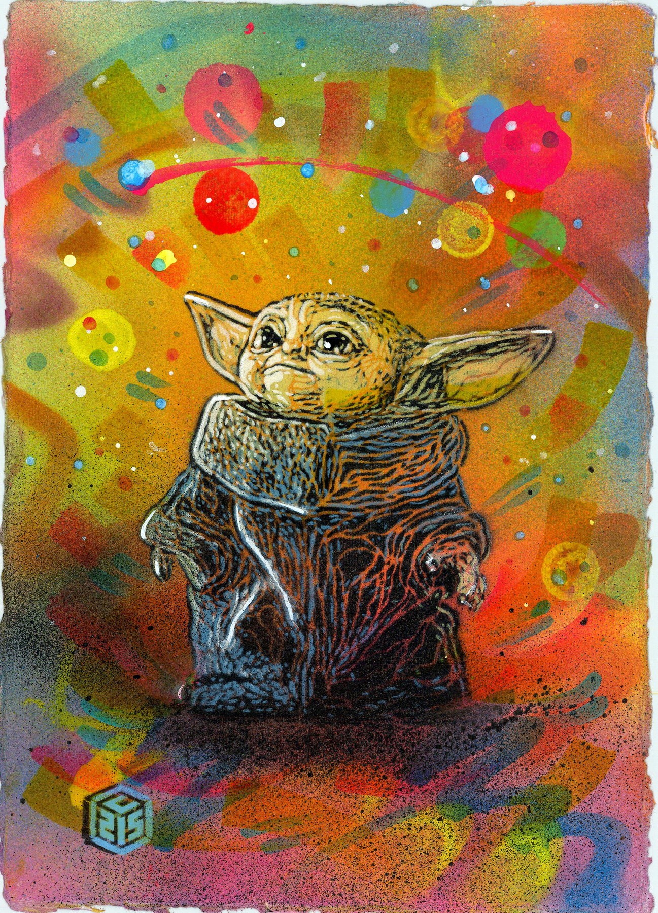 C215 - Original spray paint on paper "Yoda" 30x21cm - 2023