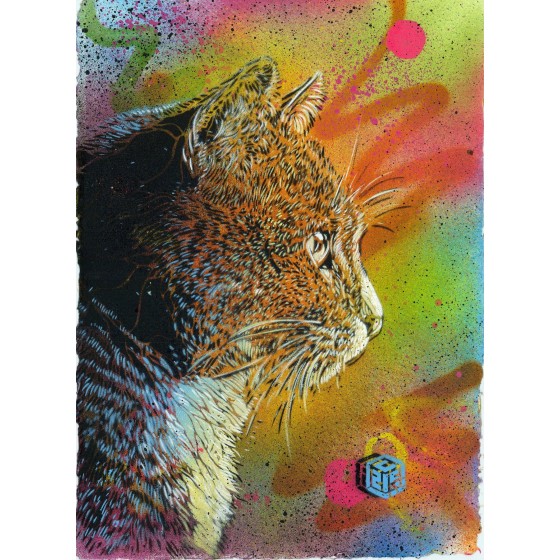 C215 - Original Aerosolgemälde auf Papier "Cat" 30x21cm - 2023