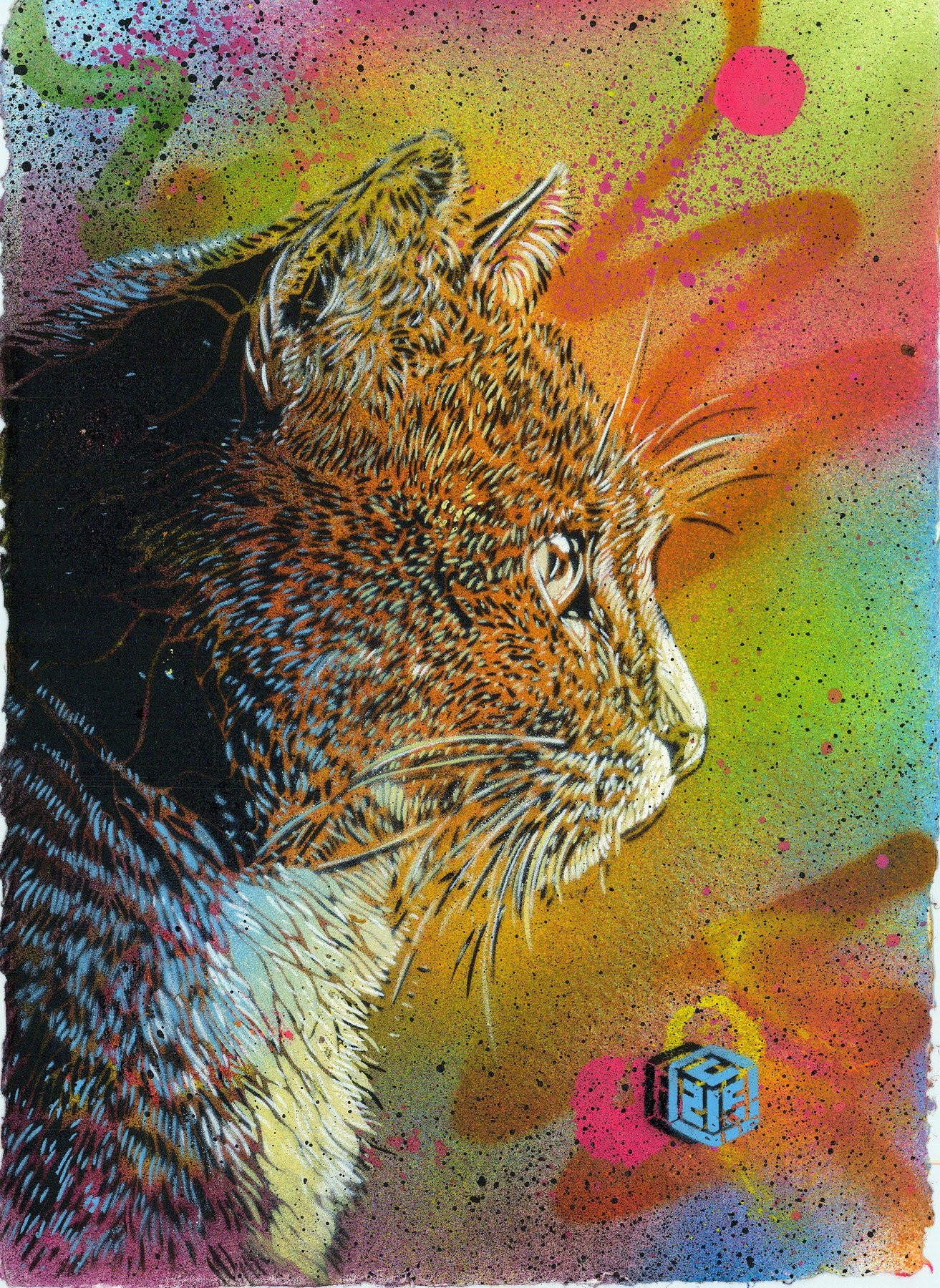 C215 - Peinture originale à l'aérosol sur papier "Chat" 30x21cm - 2023
