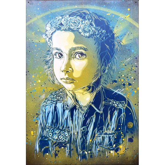 C215 - Pintura de rociado original en metal "Chiara, Ucrania" 63x42cm - 2023