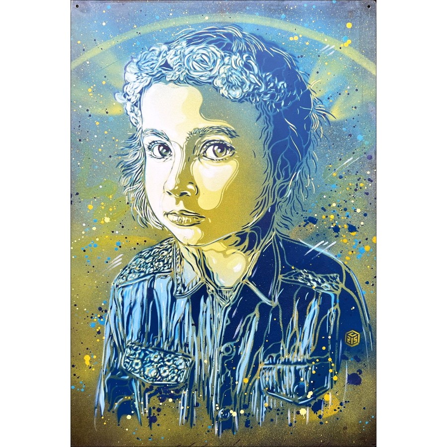 C215 - Vernice originale con aerosol sul metallo "Chiara, Ucraina" 63x42cm - 2023