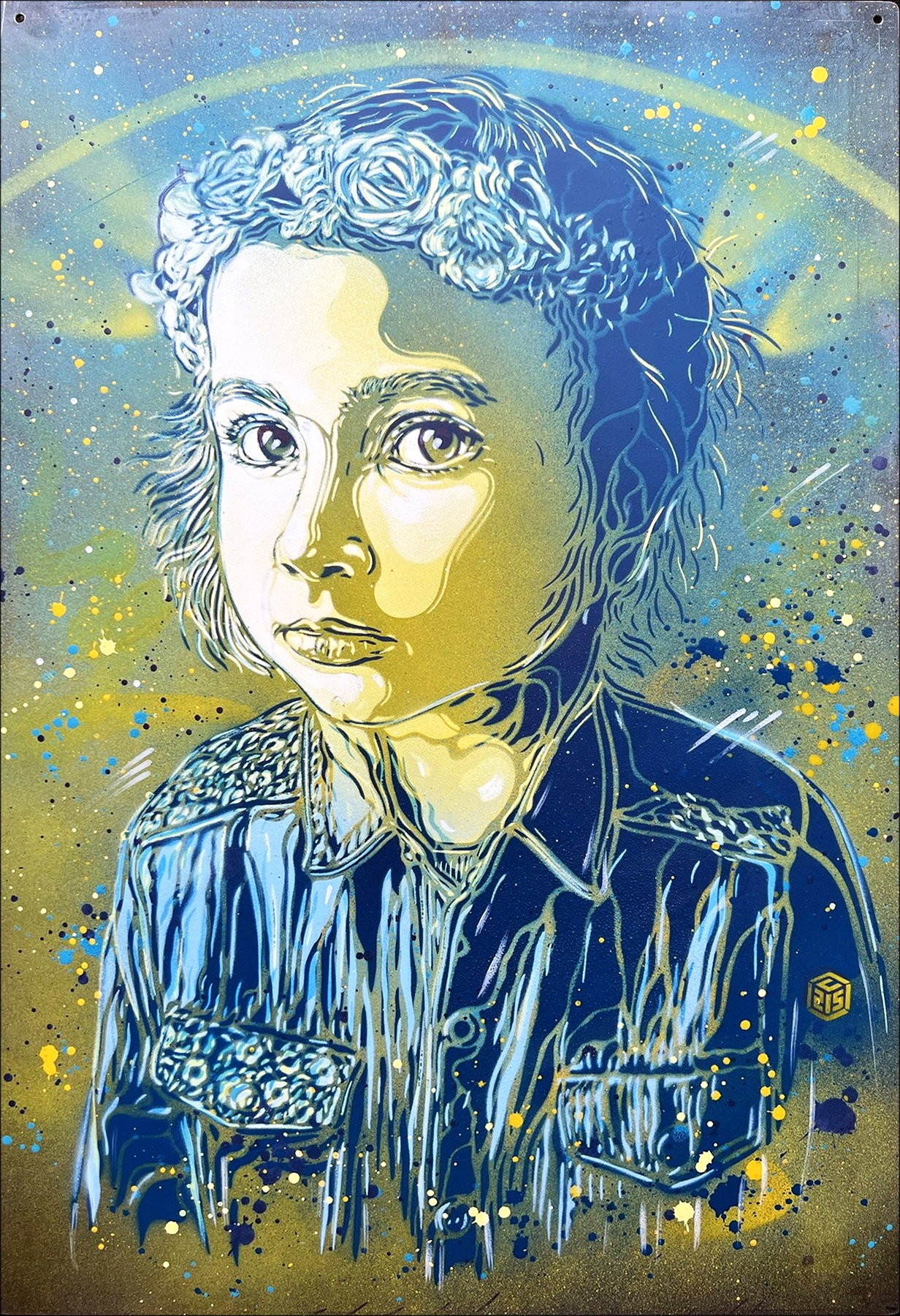 C215 - Vernice originale con aerosol sul metallo "Chiara, Ucraina" 63x42cm - 2023