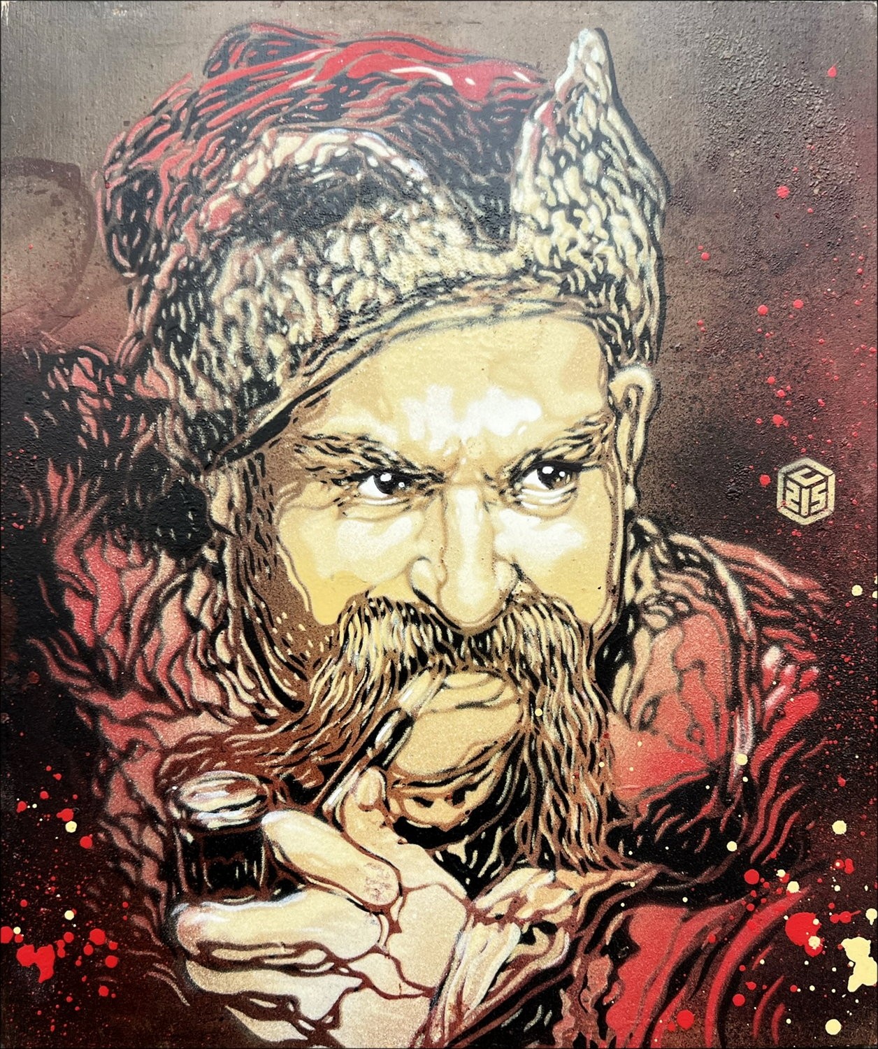 C215 - Vernice aerosol originale su legno "Cossack" 32x27cm