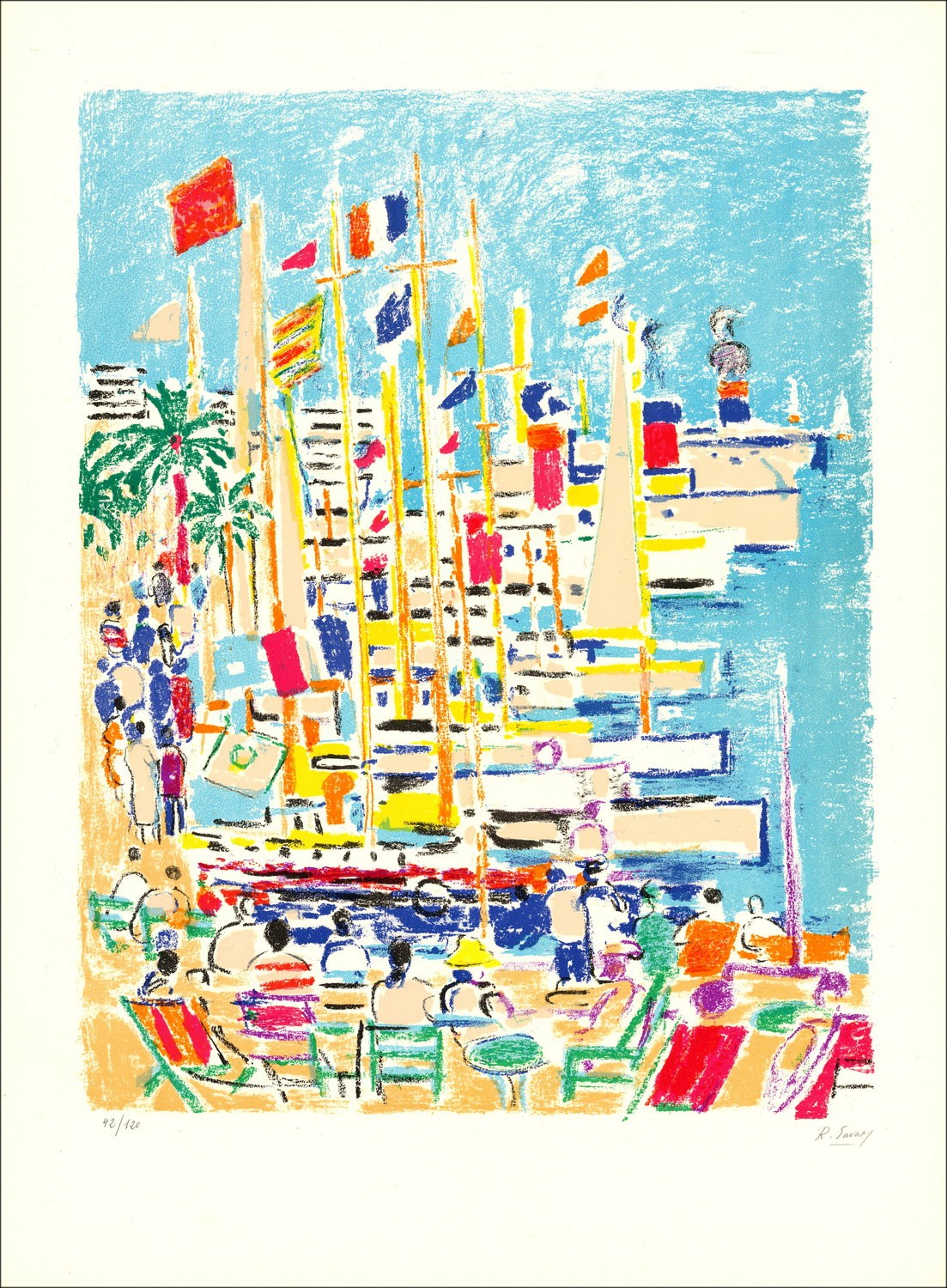 Robert SAVARY - Litografia originale "Cannes, il Porto" 76x56cm
