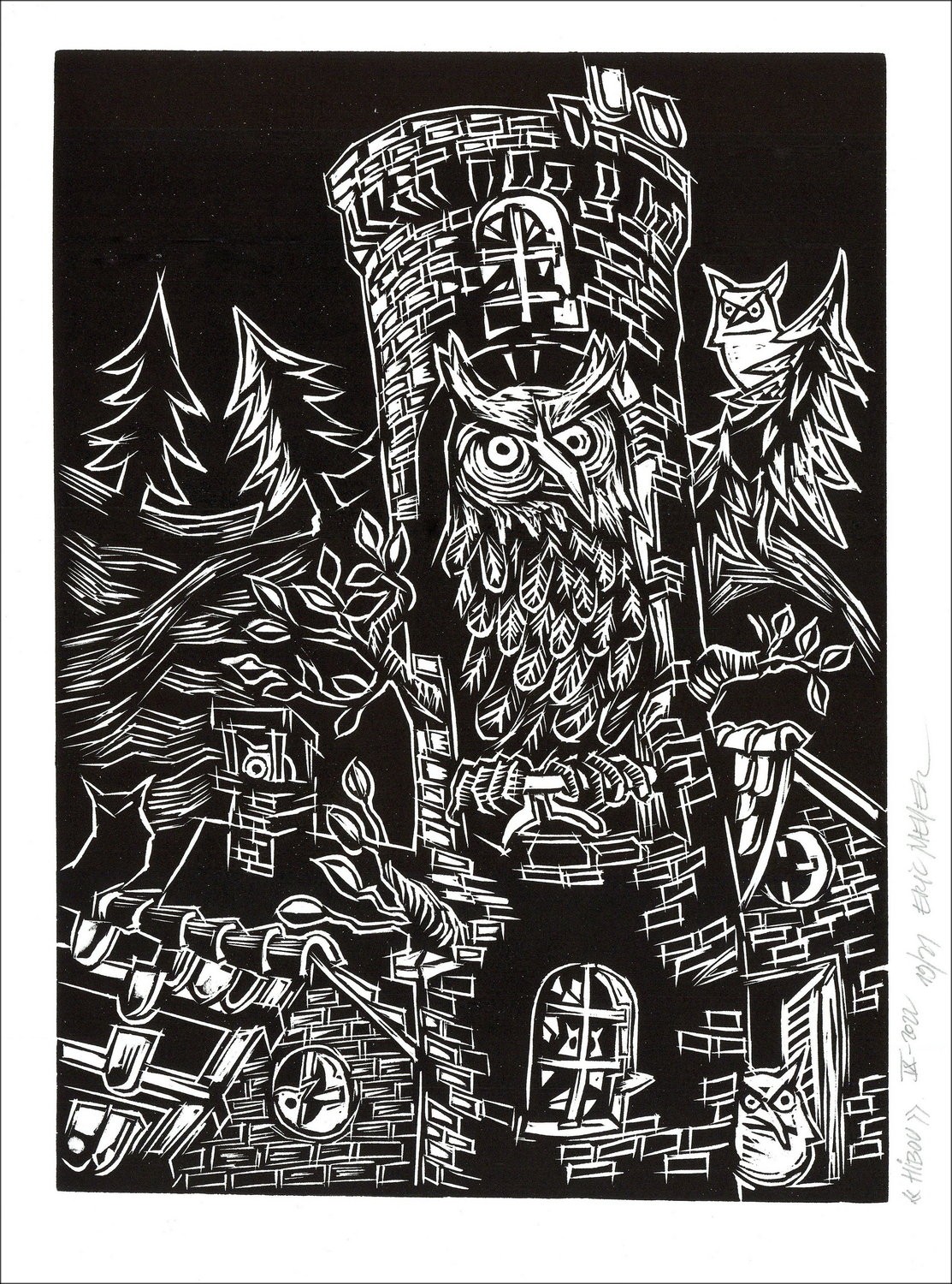 Eric Meyer 'Eule' 2022 - Gravur 38x28 cm 