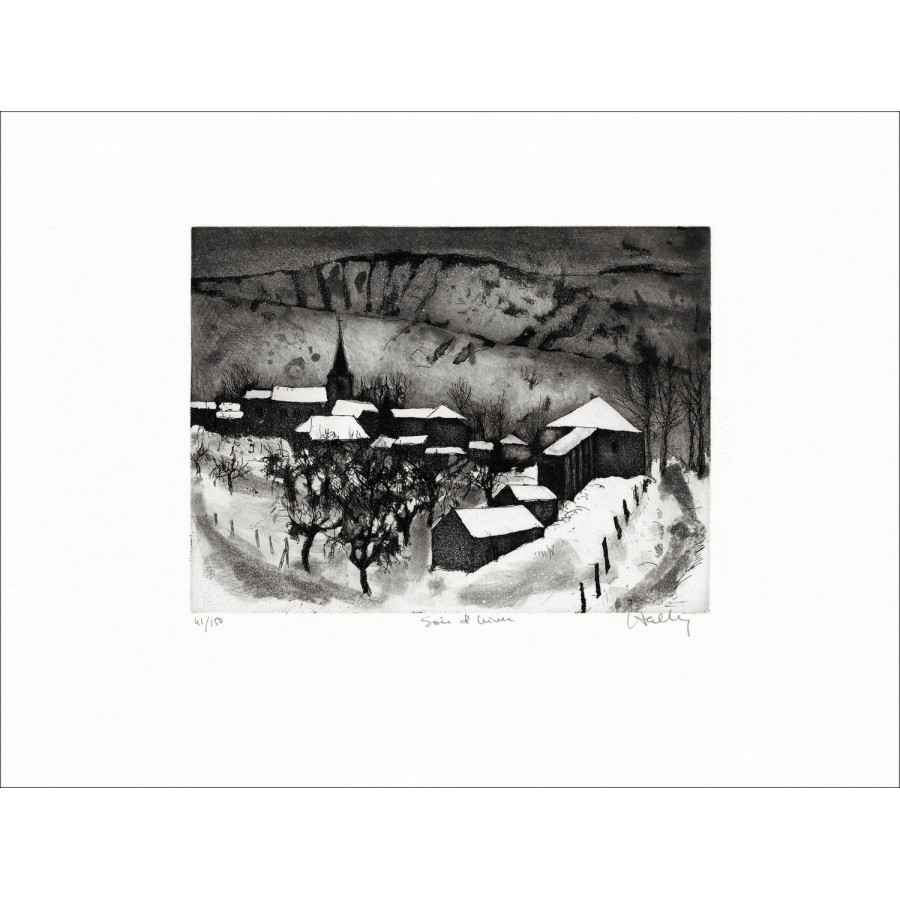 Jacques Hallez "Winter Evening" - Grabado original en papel Arcos