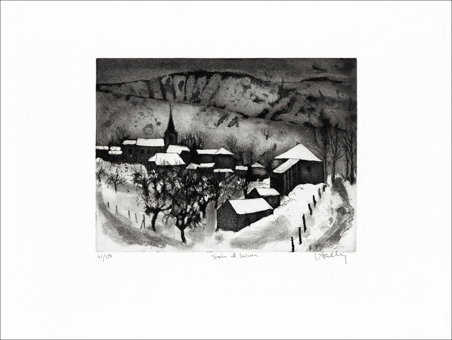 Jacques Hallez "Winter Evening" - Original engraving on Arches paper