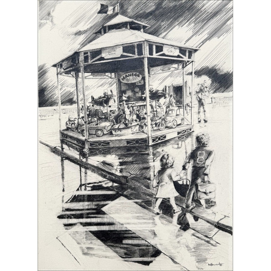 Daniel AutouarArt - Disegno originale "Blue Carousel" 39x29cm - 1981