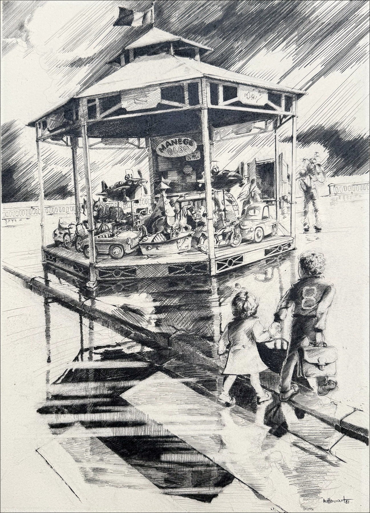 Daniel Authouart - Originele tekening "Blue Carrousel" 39x29cm - 1981