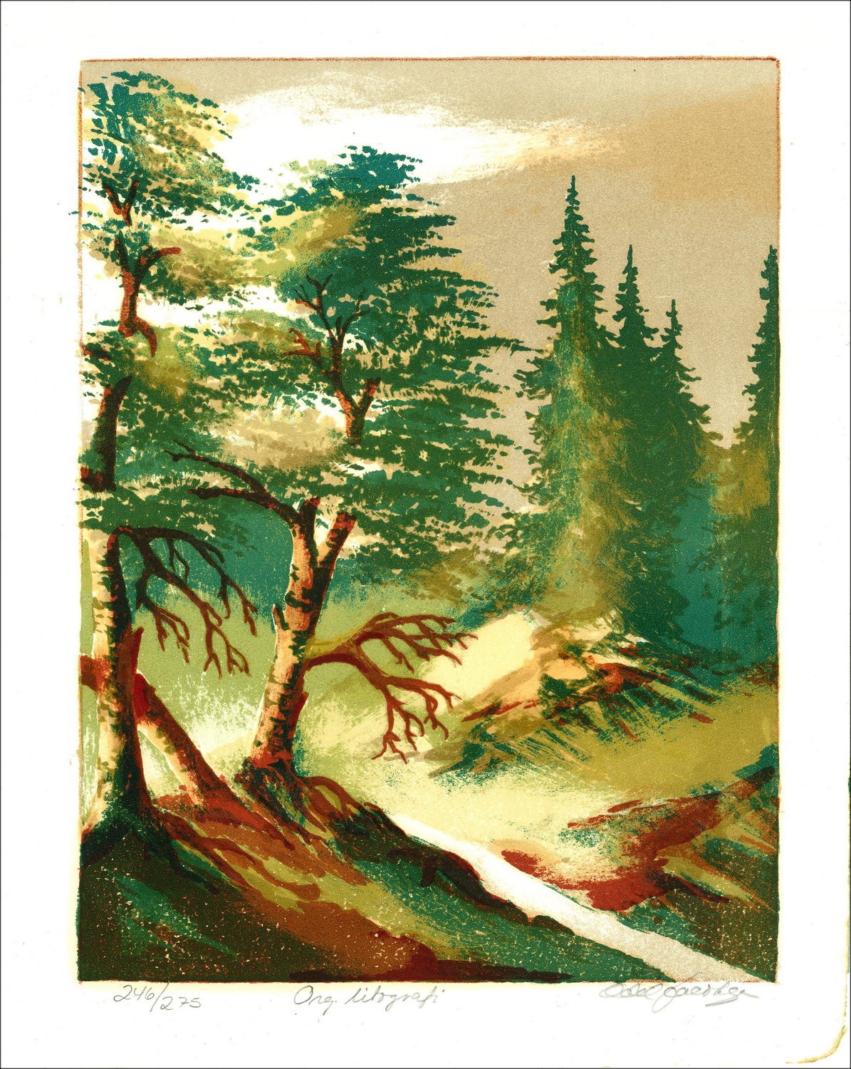 Paesaggio di foresta | Litografia originale firmata e numerata 37x29cm