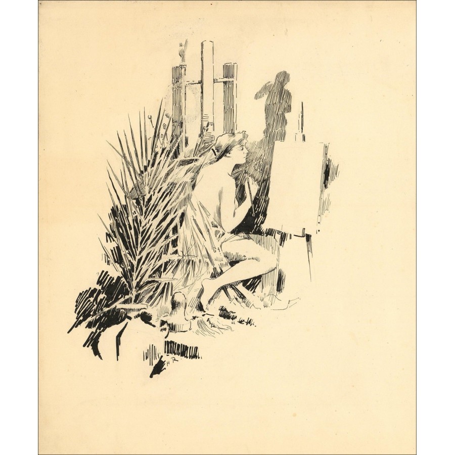 Henri-Paul Royer - Inkttekening "Woman and Easel" 24x20cm