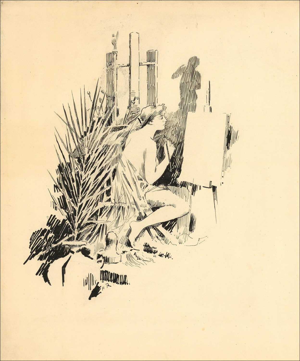 Henri-Paul Royer - Tintenzeichnung "Frau und Staffelei" 24x20cm