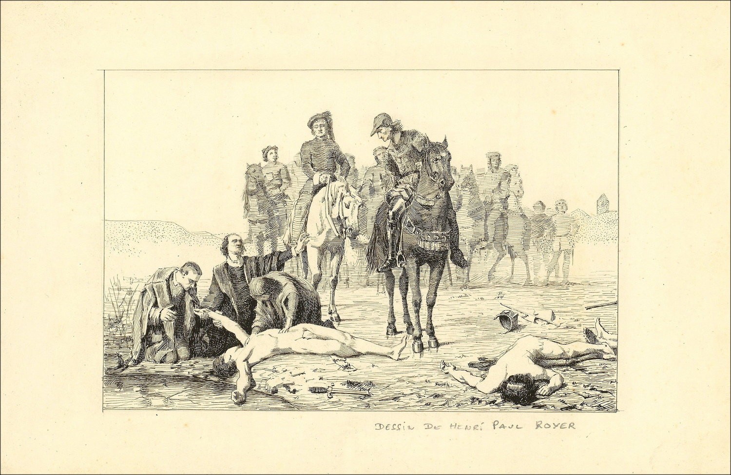 Originele tekening in Encr - Henri-Paul Royer "Naakt en Cavaliers" 17x26cm