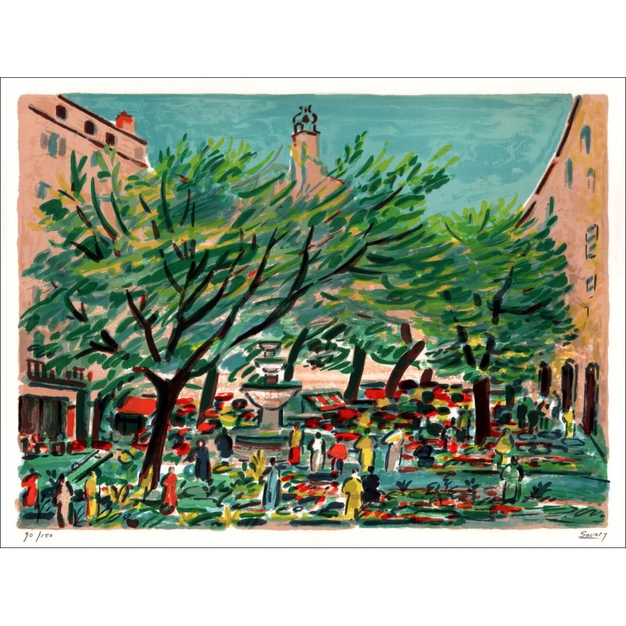 Robert SAVARY - Litografia originale "Grasse, Piazza degli alberi"