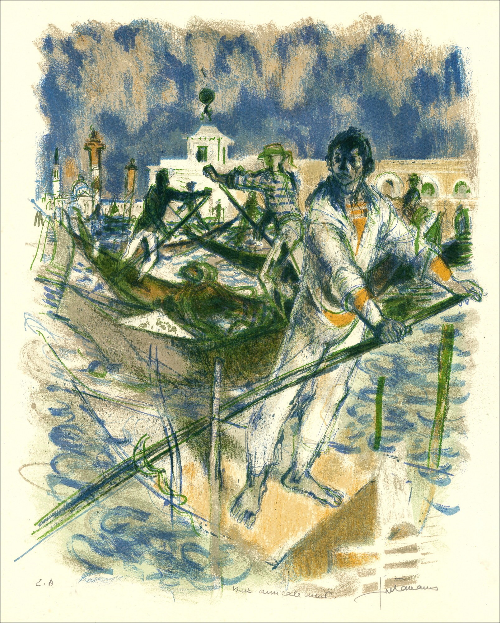 Lucien Fontanarosa - Litografia originale "Gondoliers" 76x56cm