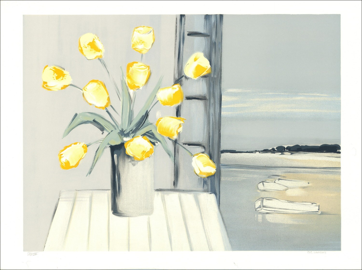 Pierre-Gérard Langlois - Litografia originale "Finestra Tulip" 55x76cm, firmata e numerata a matita dall'artista