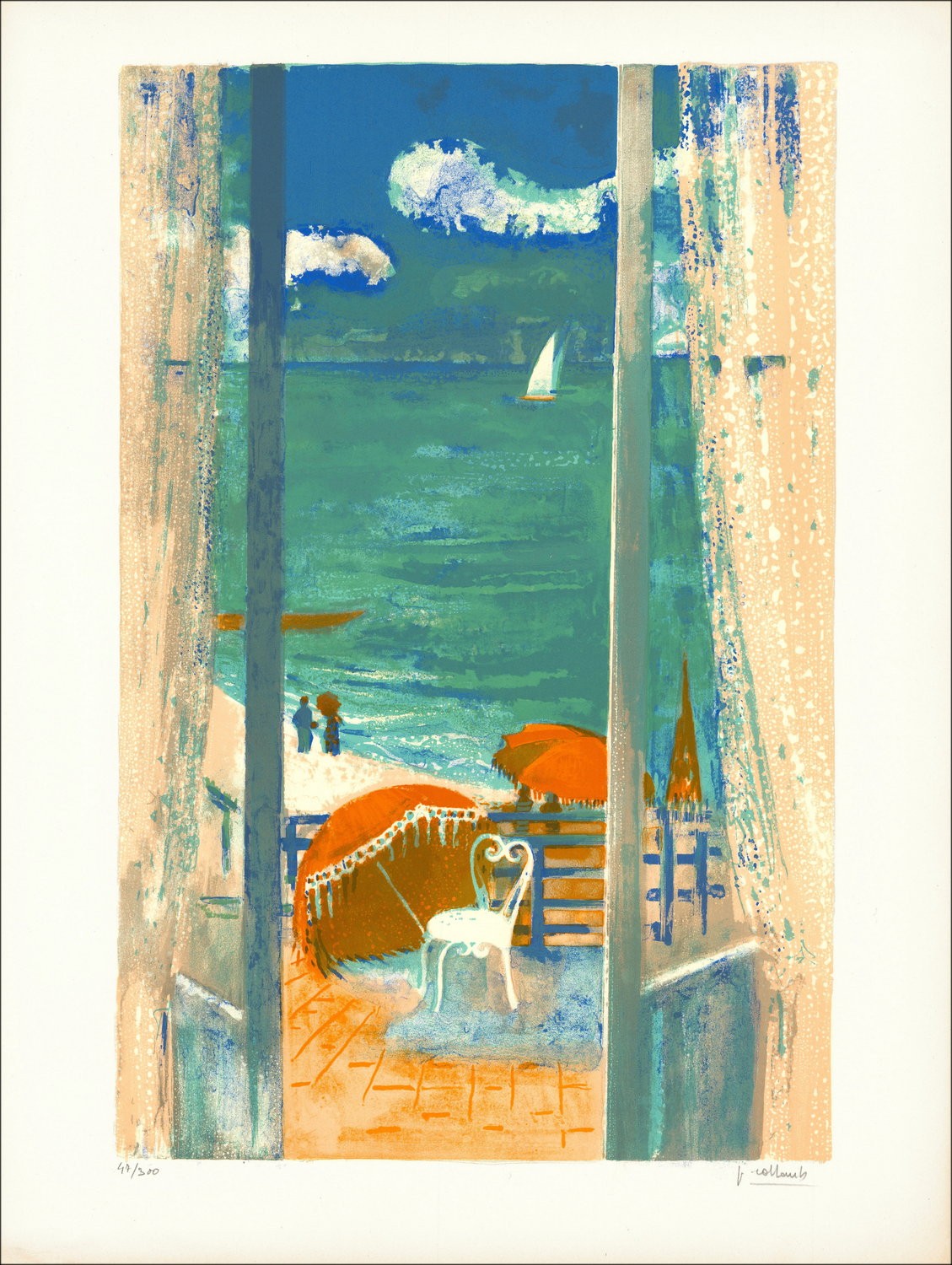 Paul Collomb: Vista mare - Litografia originale firmata 67x51cm