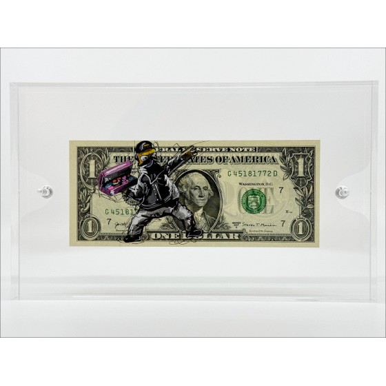 PAZBLANDINA - Originele tekening in gemengde techniek op dollar $ "Homer Simpson Banksy" 6,6x15,6cm - 2024