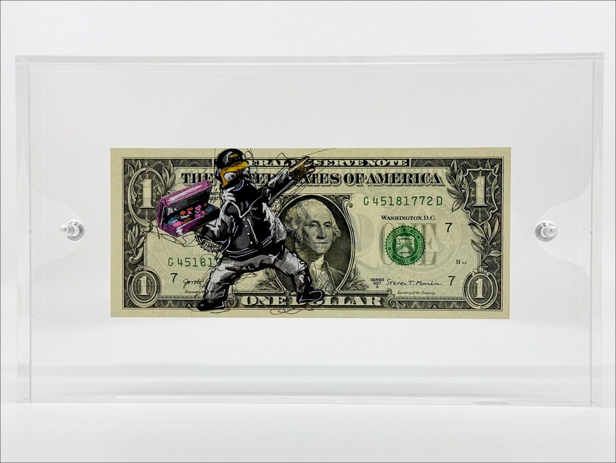 PAZBLANDINA - Dessin original en technique mixte sur Dollar $ "Homer Simpson Banksy" 6,6x15,6cm - 2024
