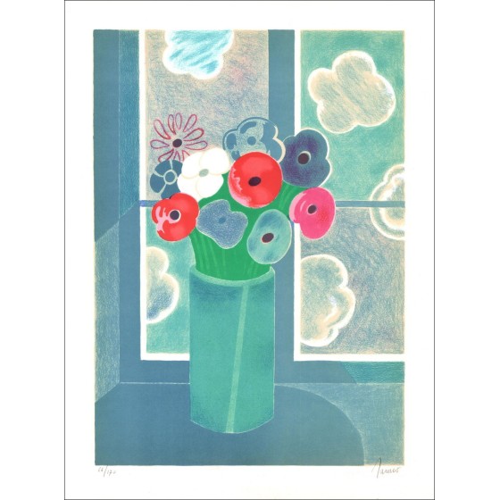 Albert Zavaro - Original-Lithographie "Blumenstrauß am Fenster"