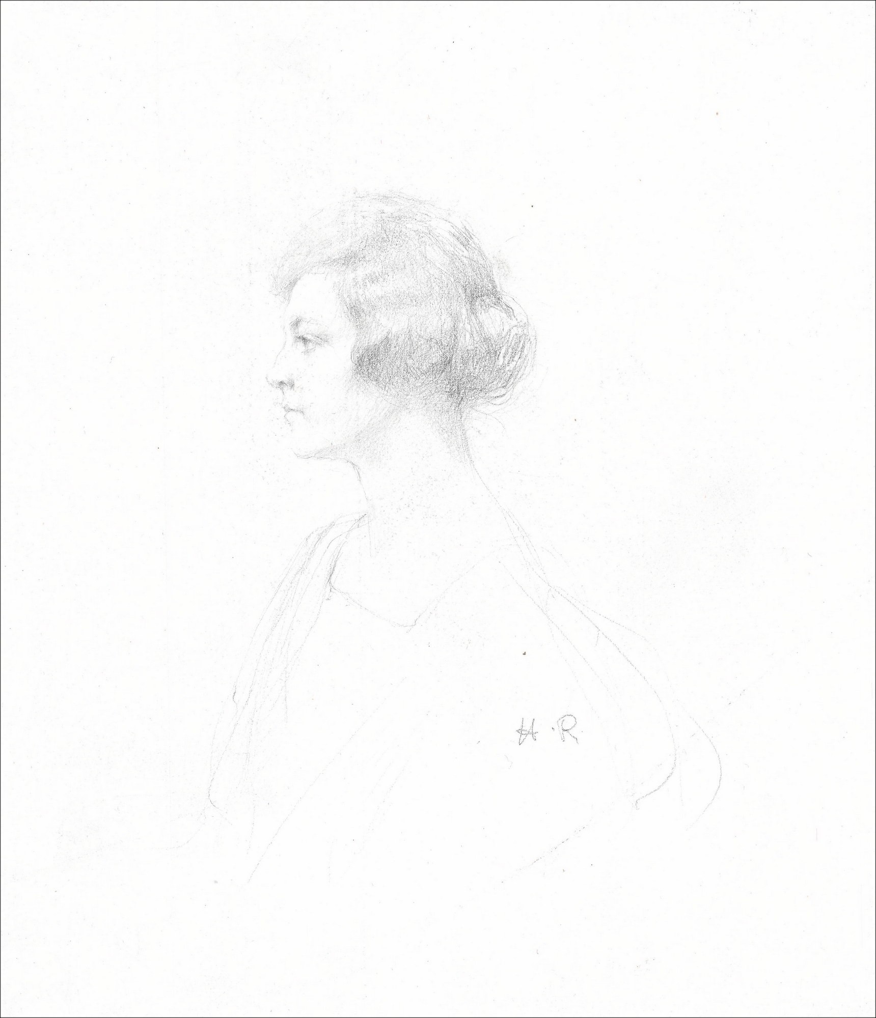 Original lápiz dibujo de Henri Royer "Femme de profil" 31x22 cm