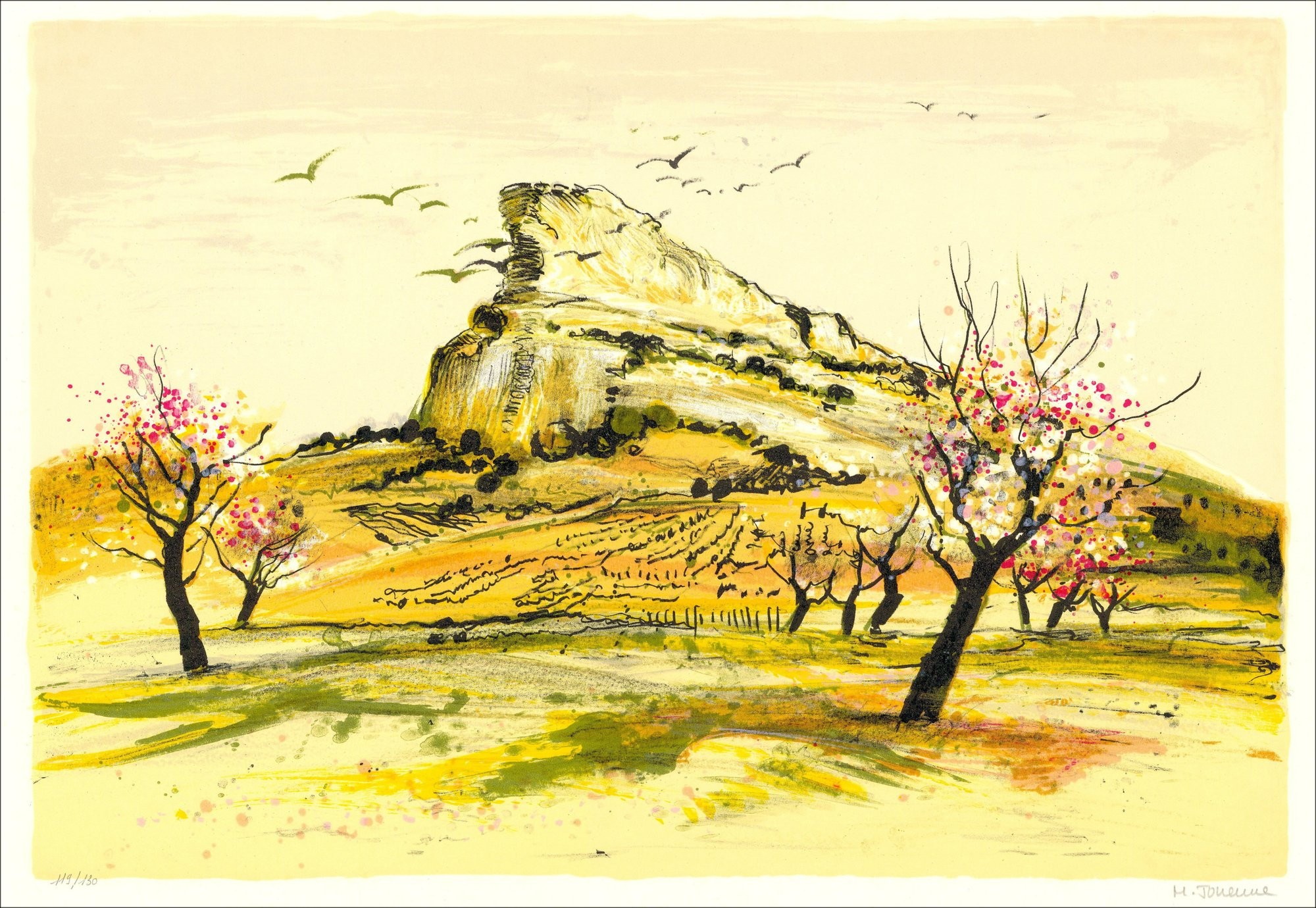Michel Joyenne - Litografía original "The Solutré Rock" 38x56cm