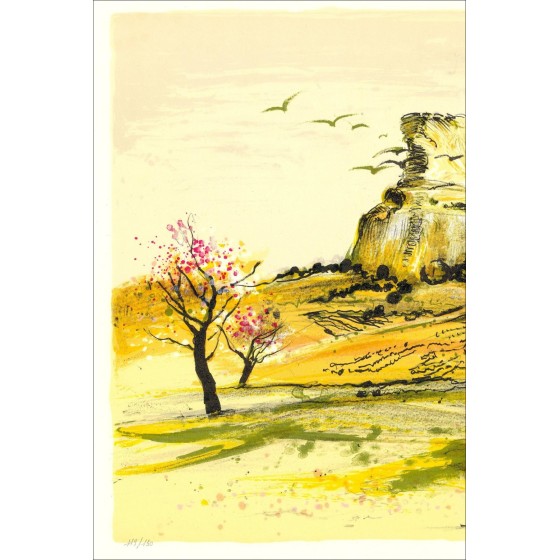 Michel JOUENNE - Original lithograph "La roche de Solutré" 38x56cm