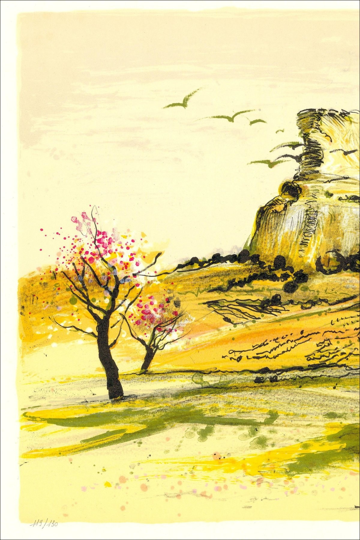 Michel JOUENNE - Original lithograph "La roche de Solutré" 38x56cm