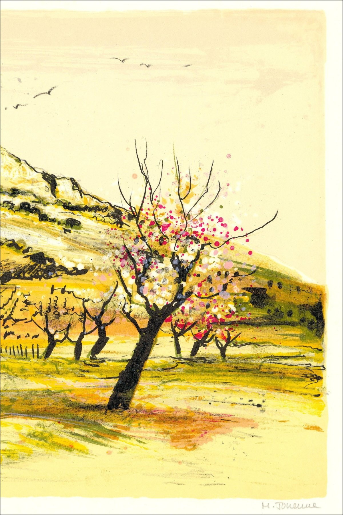 Michel JOUENNE  - Lithographie originale "La roche de Solutré" 38x56cm