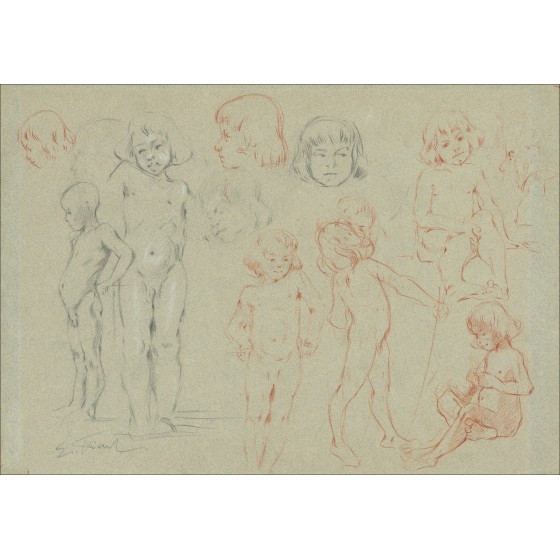 Emile FRIANT - Dibujo original en lápiz, sangre, tiza "Estudios de niños" 33x47cm