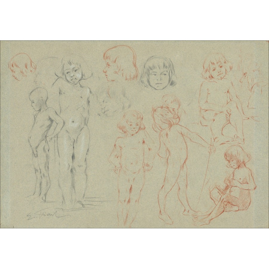 Emile FRIANT - Dibujo original en lápiz, sangre, tiza "Estudios de niños" 33x47cm