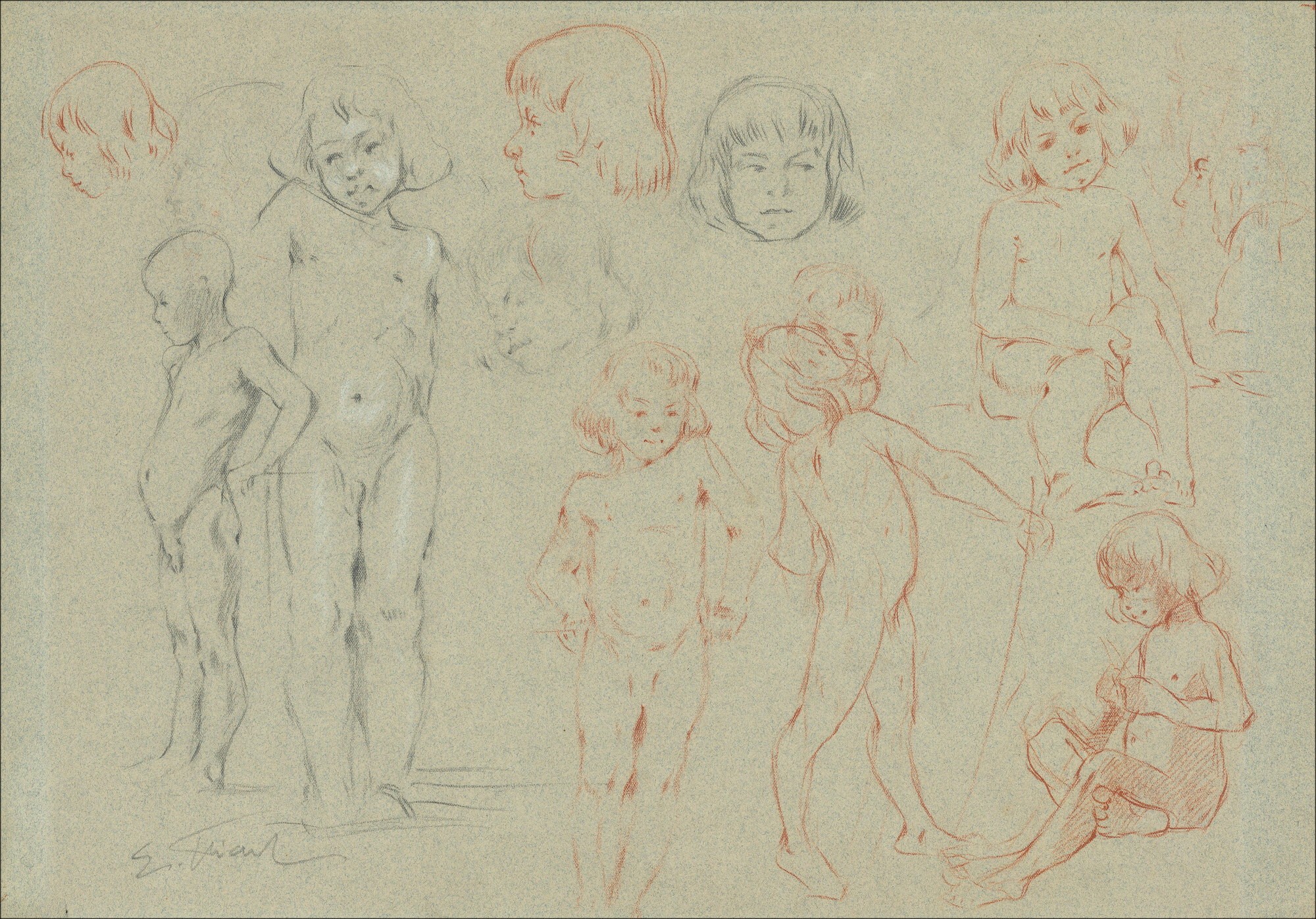 Franke Émile - originele potloodtekening, bloed, krijt "kinderstudies" 33x47cm