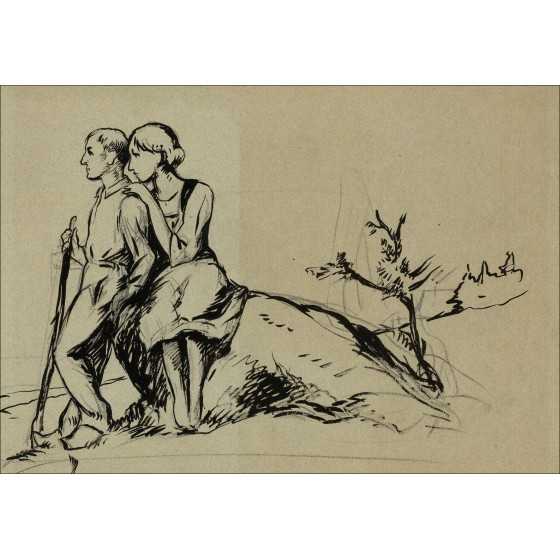 Emile FRIANT - Dibujo original en lápiz, sangre, tiza "Estudios de niños" 33x47cm