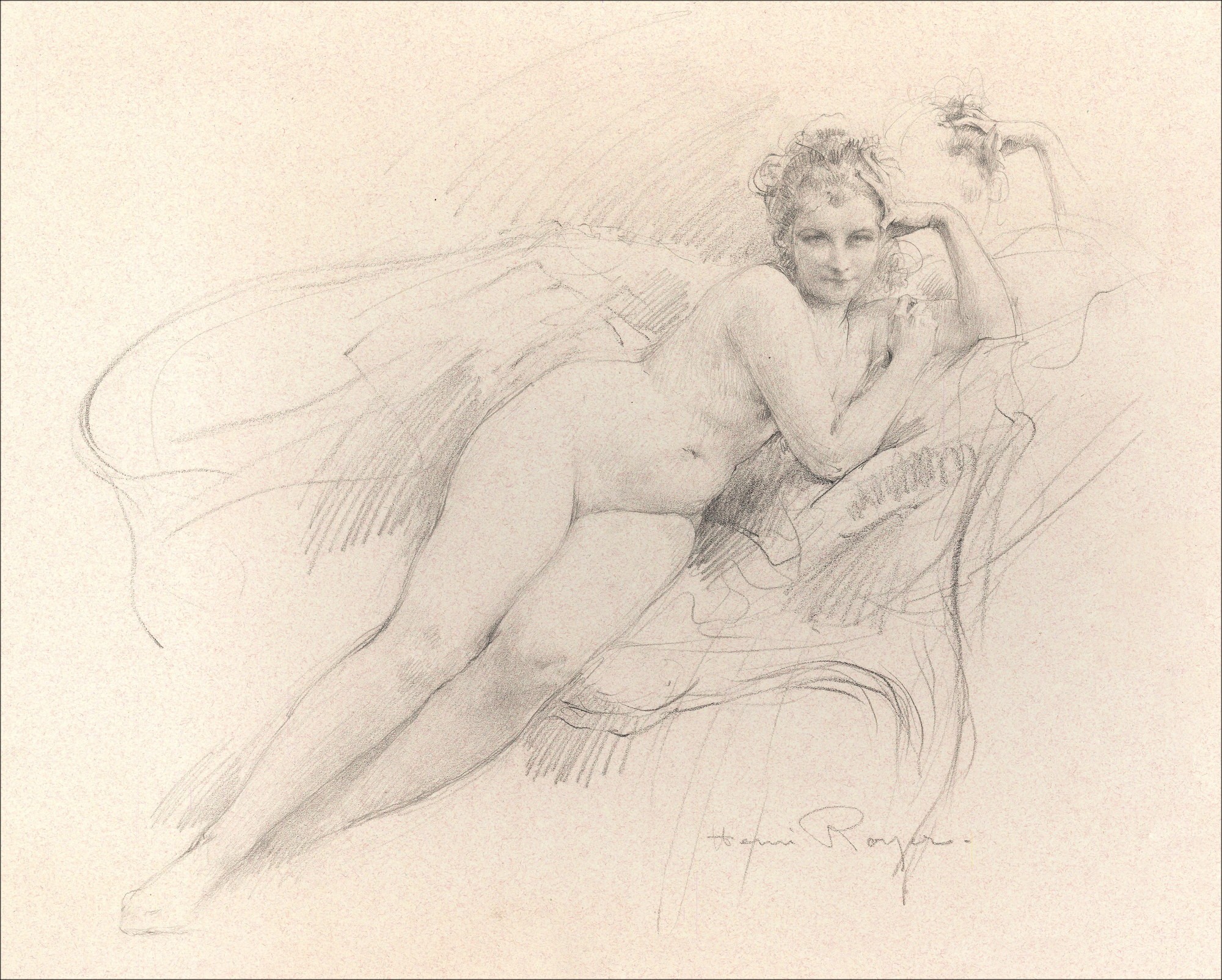 Dibujo de Henri Royer "Female au divan, La Maja desnuda de Goya"