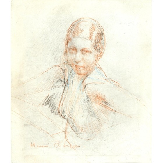 Disegno originale di Henri-Paul Royer "Ritratto di donna" 18x16cm