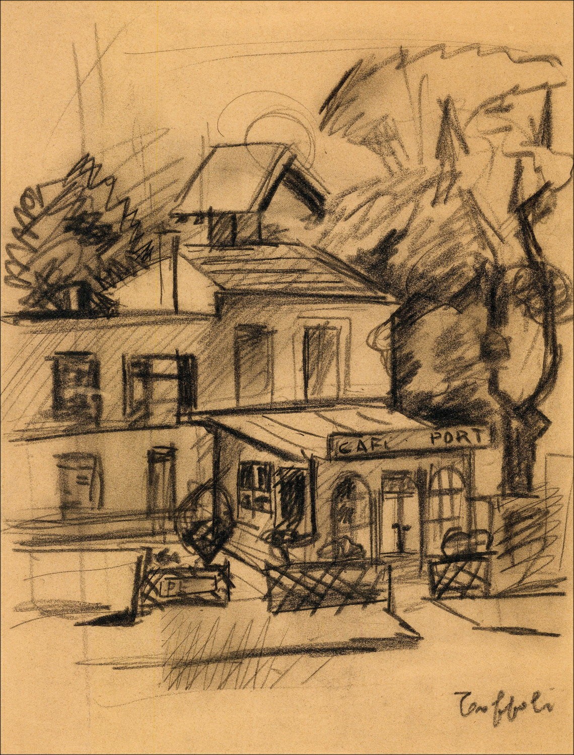 Louis TOFFOLI - Dessin original "Café du Port" 34x26cm