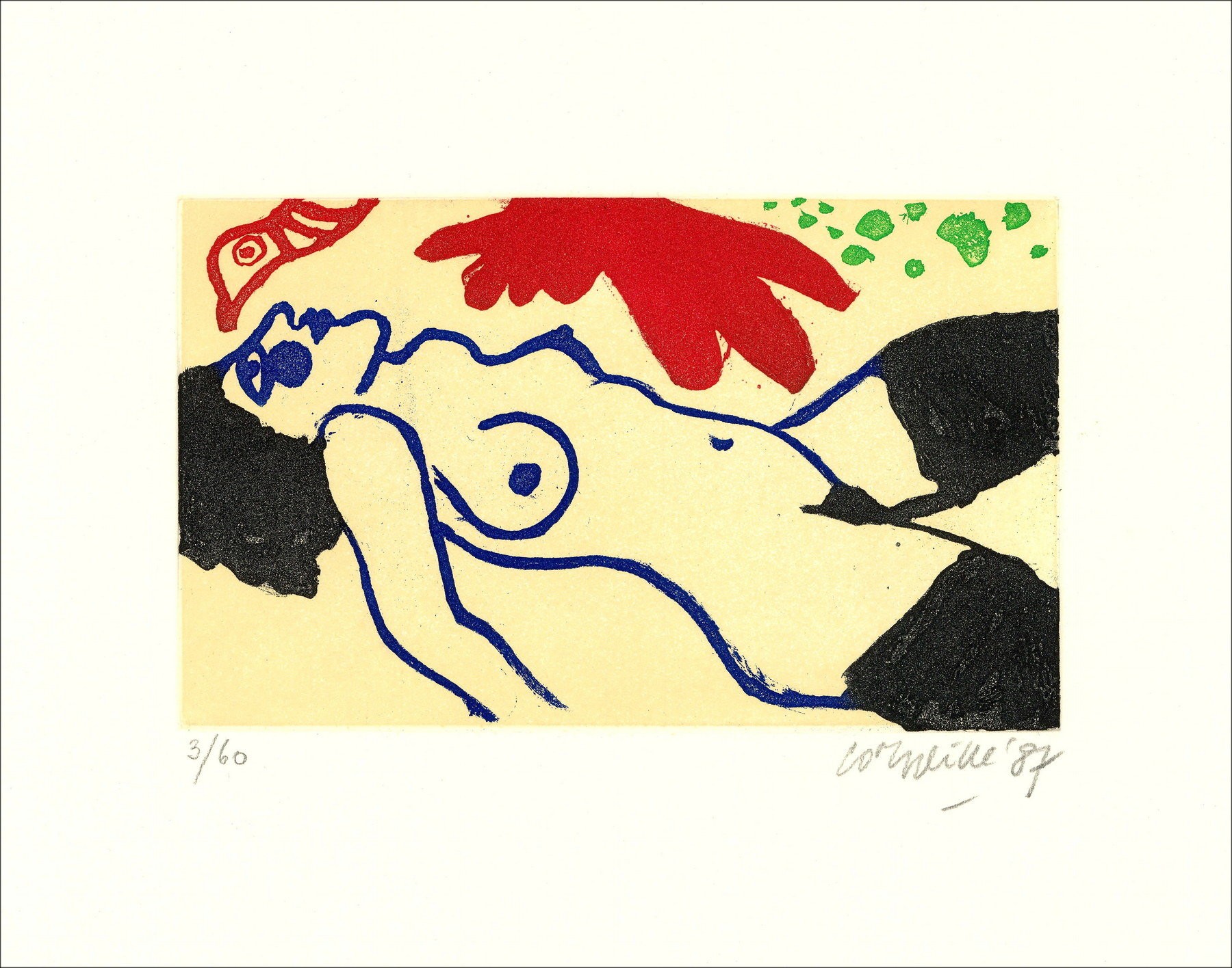 "Langwerpige vrouw" 1987 door Guillaume Corneille - Limited Aquatint Gravure