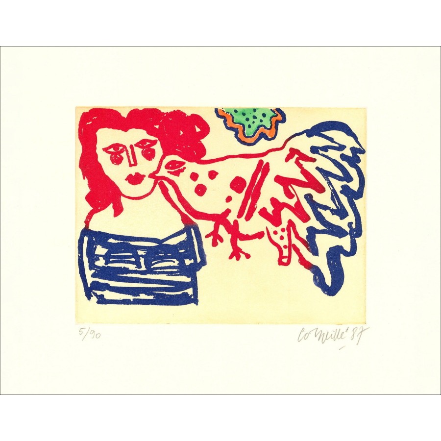 "Donna e uccello" 1987 da Guillaume Corneille - Incisione originale firmata