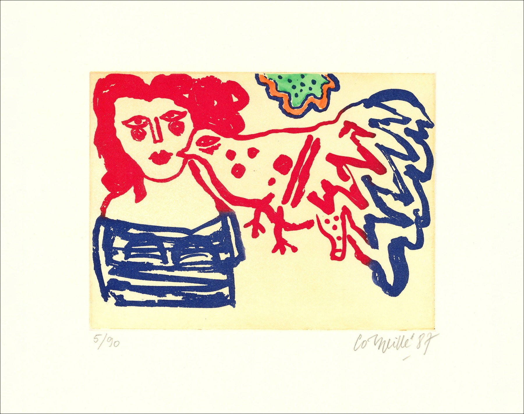 "Femme et Oiseau" 1987 por Guillaume Corneille - Grabado original firmado