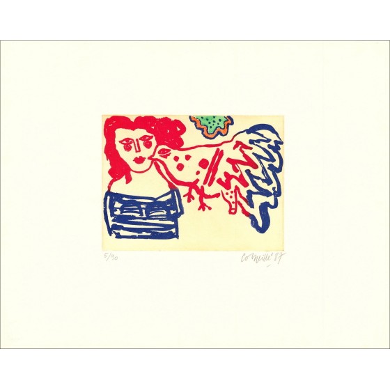 "Donna e uccello" 1987 da Guillaume Corneille - Incisione originale firmata