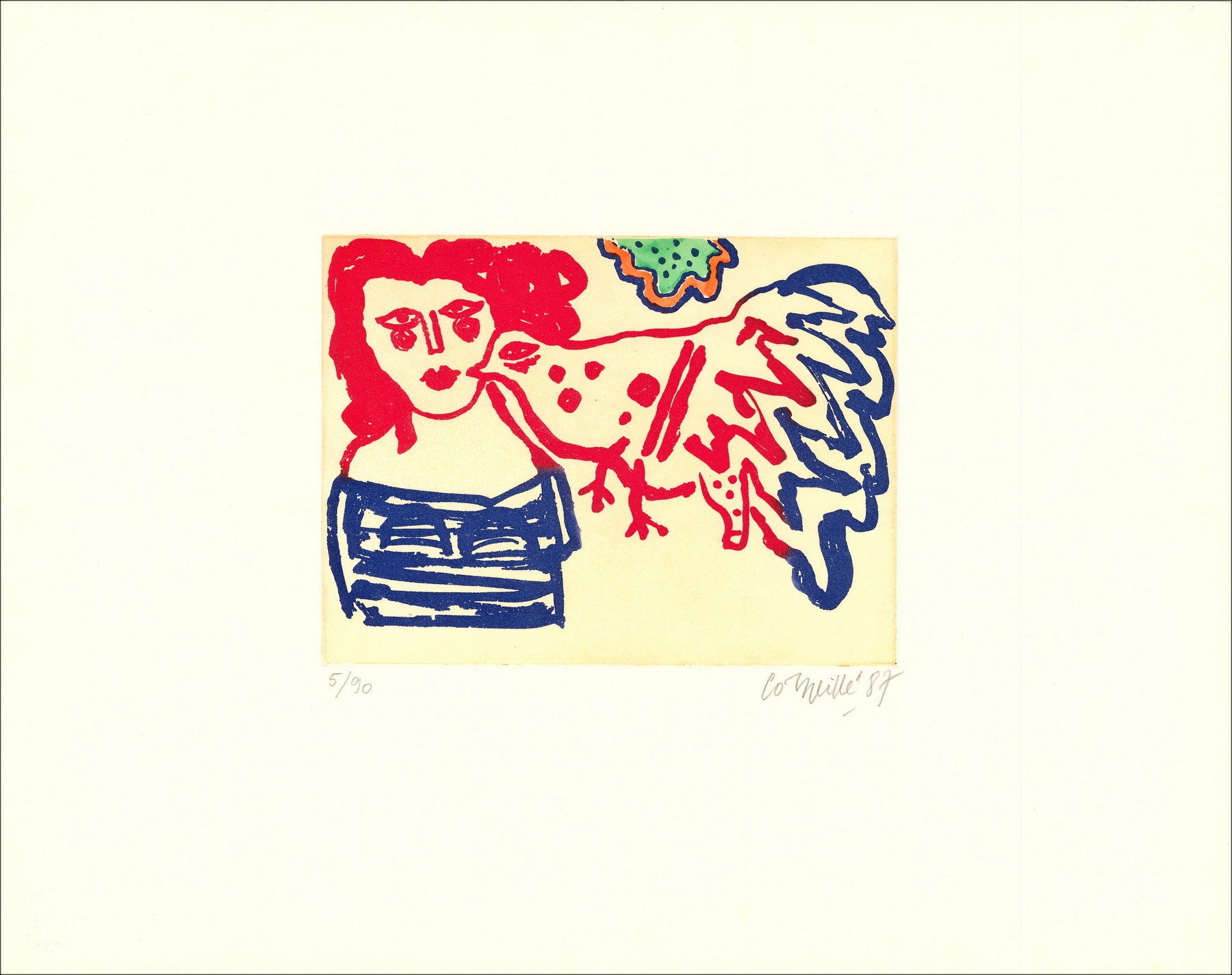 "Donna e uccello" 1987 da Guillaume Corneille - Incisione originale firmata