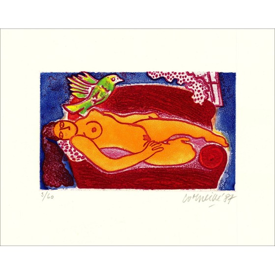 "Femme Allongée et Oiseau" 1987 por Guillaume Corneille - Gravure Signée Limited